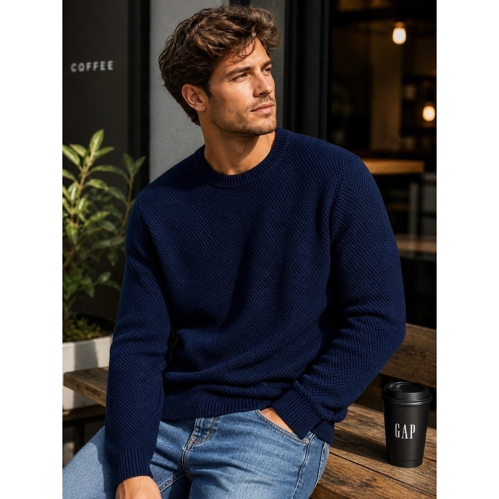 GAP Navy Textured Knit Sweater Crewneck Cotton Blend‎ Size L